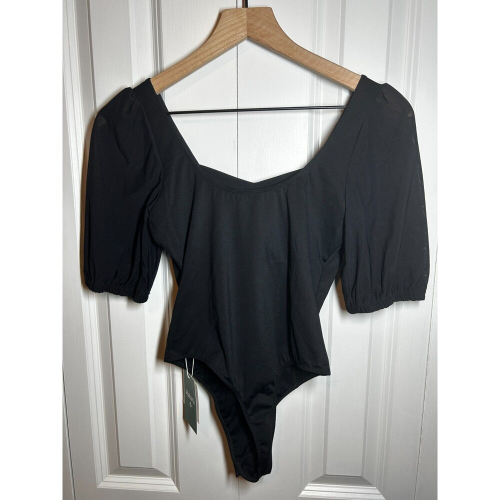 NWT Halara Black Sweetheart Neck Puff Sleeve Bodysuit XS
